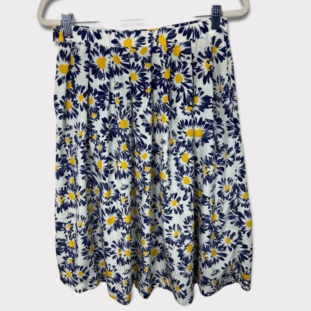 Vintage Floral Retro Skirt Blue White Yellow Size 14 High Rise Bohemian Boho Vtg